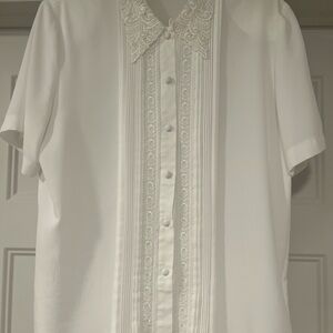 Elegant White women’s button up shirt with lace accent